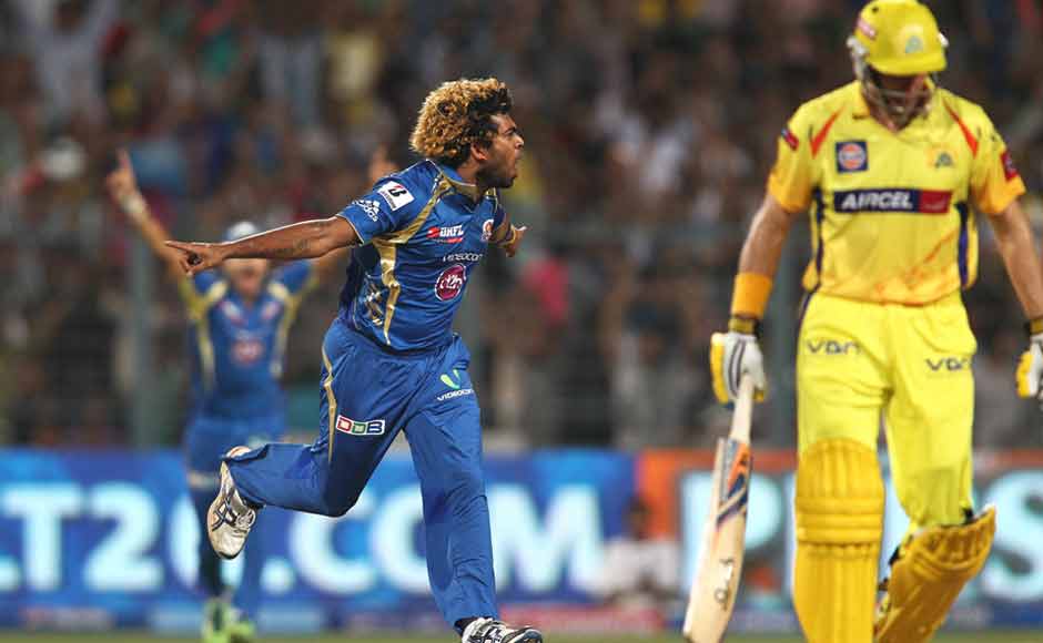 Lasith Malinga celebrates Michael Hussey after dismissing him in the first over itself. Malinga also took Suresh Raina's wicket moments later. BCCI