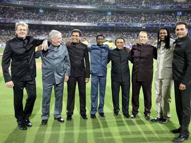 Laxman Sivaramakrishan is flanked by Sunil Gavaskar and Harsha Bhogle in this file photo. Getty