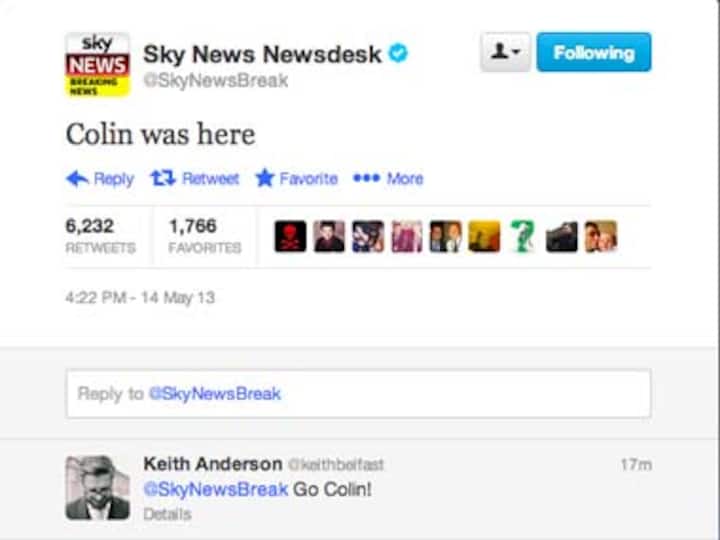 Hacked? Sky News butt of Twitter jokes after tweeting, 'Colin was here'
