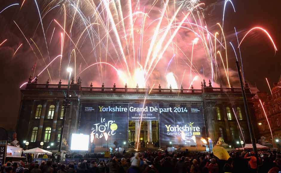 Fireworks at Leeds Town Hall after the announce the Grand Depart of the Tour de France on January 17, 2013 in Leeds, England. Getty Images