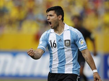 Argentina's Sergio Aguero celebrates his goal against Ecuador. AP