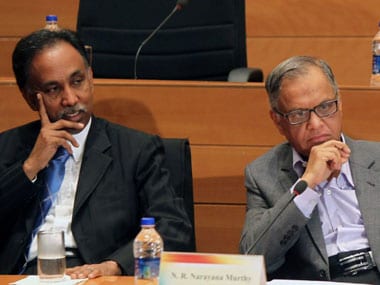 Infosys MD Shibulala with Narayana Murthy. AFP