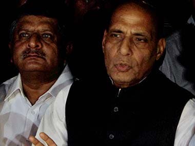 BJP President Rajnath Singh speaks to media after Party's parliamentary board meeting at his residence. PTI