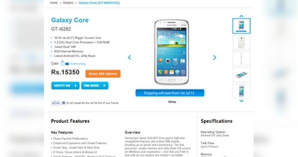Samsung Galaxy Core up for pre-booking at Rs 15,350, ships on 1 July