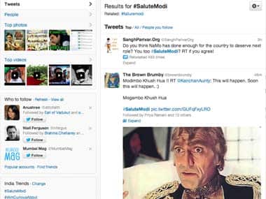 Screenshot of the #saluteModi hashtag page