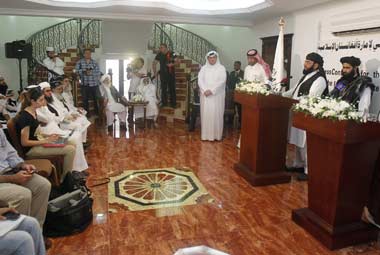 Taliban leaders at the inauguration of the Taliban political office in Doha. Reuters