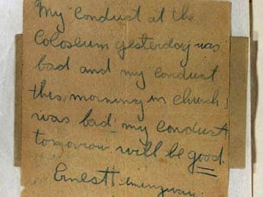 A note Ernest Hemmingway wrote to his mom apologising for his behaviour. AP