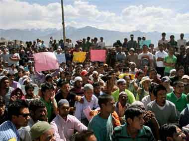 Protesters shouting slogans during a protest in Leh on Friday over the BSF firing incident at Ramban. PTI