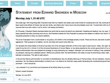 This screenshot made of the Wikileaks website shows a letter identified as being from NSA leaker Edward Snowden on Monday, July 1, 2013. The letter could not be independently authenticated as being from Snowden himself. Wikileaks is the anti-secrecy group that has adopted Snowden and his cause. AP Photo/Wikileaks