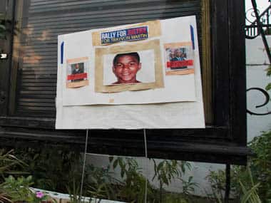A portrait of Trayvon Martin is shown outside Allen Chapel: AFP