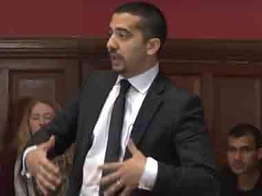 A screengrab from the Youtube video of Mehdi Hasan's speech