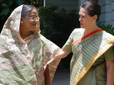 Sonia Gandhi and Sheikh Hasina. AFP.