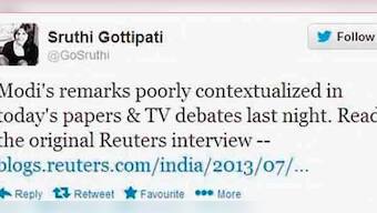 Modi's 'puppy' comment poorly contextualised, tweets Reuters journalist 