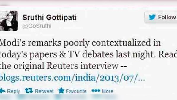 Modi's 'puppy' comment poorly contextualised, tweets Reuters journalist 