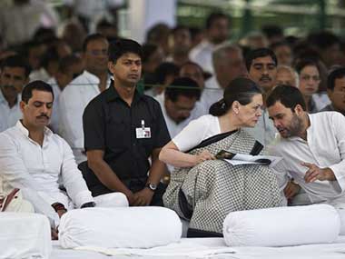 Sonia Gandhi with Rahul Gandhi and Robert Vadra in this file photo. AFP