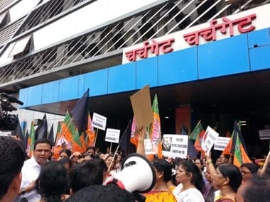 BJP supporters protest outside Churchgate station in Mumbai. Image: Arlene Chang