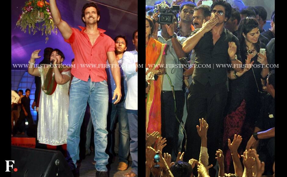 Hrithik Roshan and Shah Rukh Khan celebrate Dahi Handi with their fans. 
