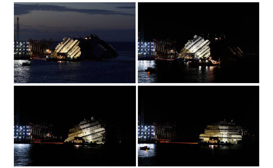 A combination photo shows the capsized cruiseliner Costa Concordia during and at the end of (bottom R) the 