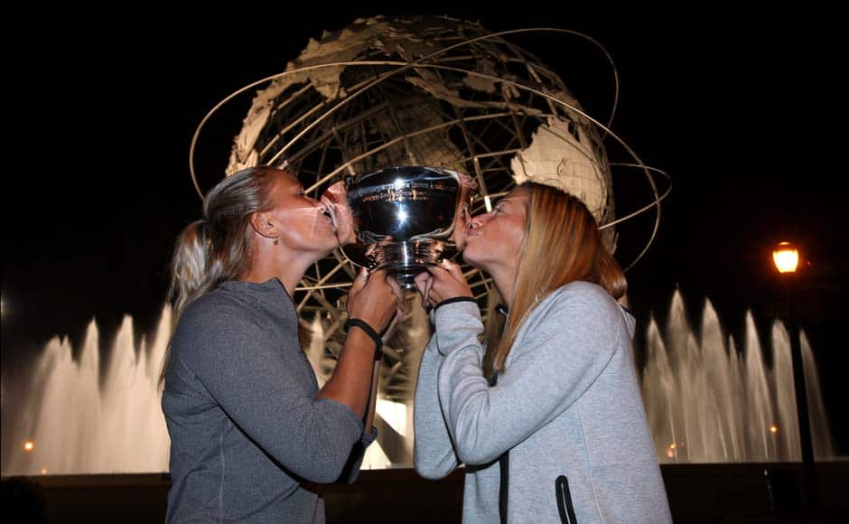 Andrea Hlavackova and Lucie Hradecka beat Ashleigh Barty and Casey Dellacqua 6-7, 6-1. 6-4 for the women's doubles title. Getty Images