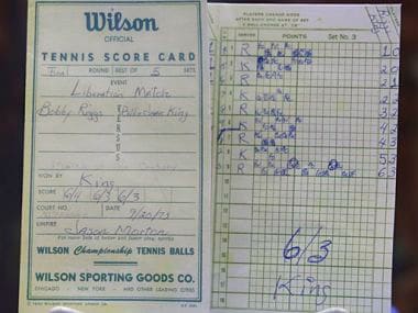 In this photo taken Sept. 5, 2013, the scorecard from the match between Billie Jean King and Bobby Riggs in 1973 is displayed during the US Open tennis tournament. AP