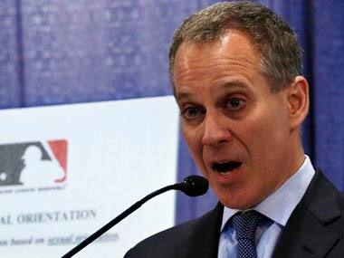 New York Attorney General Schneiderman talks about MLB's policies during a news conference in New York. Reuters