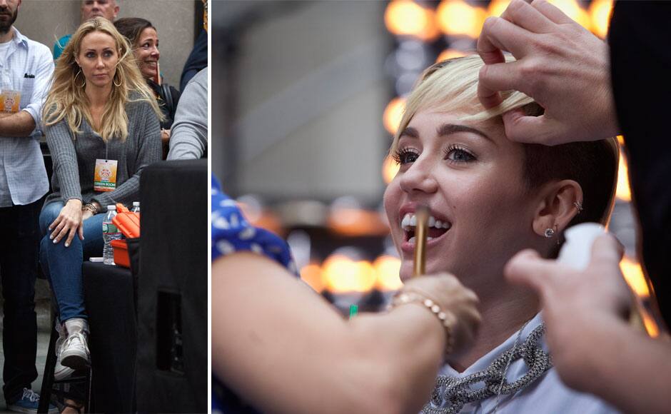 (L) Tish Cyrus, mother of singer Miley Cyrus. (R) Singer Miley Cyrus has her hair and makeup touched up before she performs on NBC's 'Today' show in New York, October 7, 2013. REUTERS/Carlo Allegri 