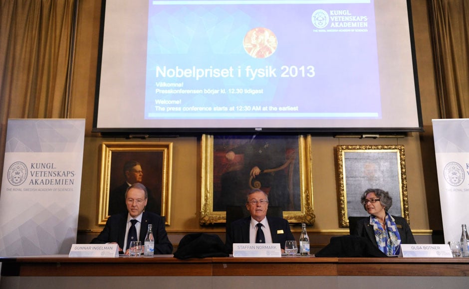 Chairman Gunnar Ingelman, permanent secretary Staffan Normark and board member Olga Botner (L-R) of the Royal Swedish Academy of Sciences announce the laureates of the 2013 Nobel Prize in Physics during a news conference at the academy in Stockhol. Erik Martensson/TT News Agency/Reuters Chairman Gunnar Ingelman, permanent secretary Staffan Normark and board member Olga Botner (L-R) of the Royal Swedish Academy of Sciences announce the laureates of the 2013 Nobel Prize in Physics during a news conference at the academy in Stockhol. Erik Martensson/TT News Agency/Reuters