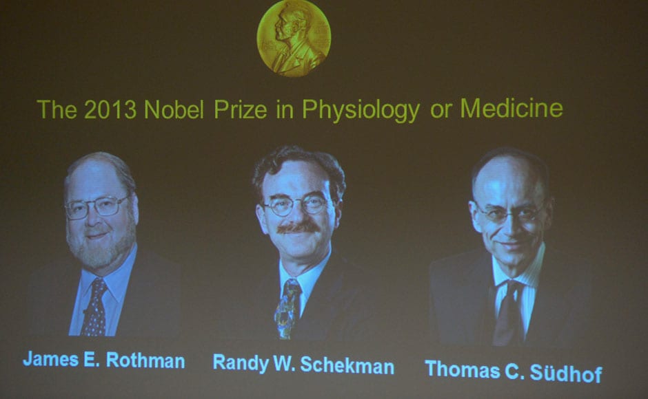 Portraits of winners of the 2013 Nobel prize for medicine or physiology, James Rothman, Randy Schekman and Thomas Suedhof (L-R), are displayed on a screen at the Nobel Assembly at the Karolinska Institute in Stockholm. Two Americans, Rothman and Schekman, and Germany's Sudhof won the prize for research into how the cell organises its transport system, the award-giving body said on Monday. Janerik Henriksson/TT News Agency/Reuters Portraits of winners of the 2013 Nobel prize for medicine or physiology, James Rothman, Randy Schekman and Thomas Suedhof (L-R), are displayed on a screen at the Nobel Assembly at the Karolinska Institute in Stockholm. Two Americans, Rothman and Schekman, and Germany's Sudhof won the prize for research into how the cell organises its transport system, the award-giving body said on Monday. Janerik Henriksson/TT News Agency/Reuters