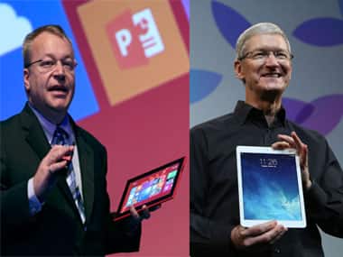 Stephen Elop of Nokia and Tim Cook of Apple display the newly launched devices: Reuters composite image