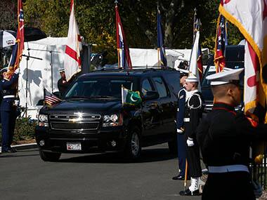An armored sports utility vehicle carrying Pakistan's Prime Minister Nawaz Sharif drives past a military honor cordon as he arrives at the White House in Washington, Wednesday, Oct. 23, 2013, for his meeting with President Barack Obama. The White House said that the leaders would discus, trade, energy, economic development, and efforts to address violent extremism. AP