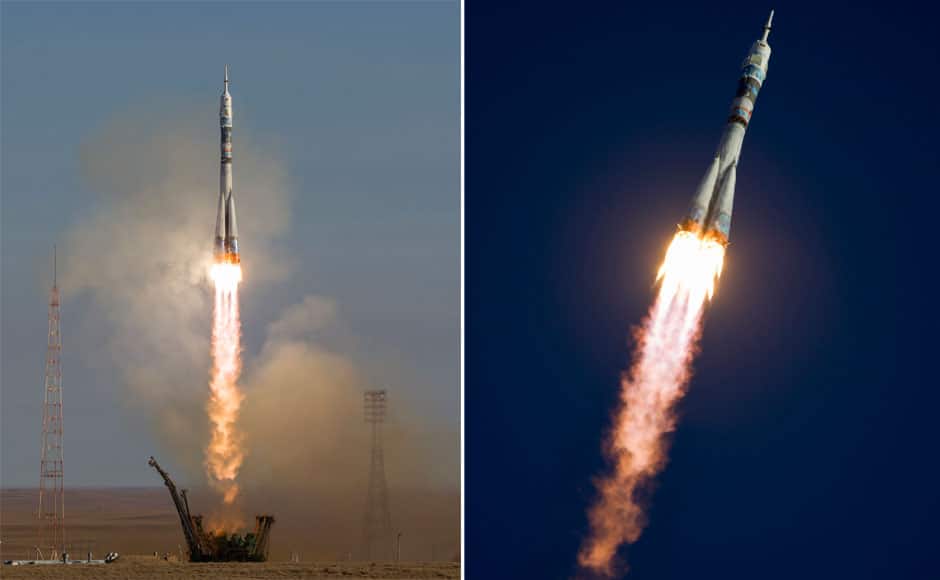 The Soyuz TMA-11M spacecraft, emblazoned with the Sochi 2014 Winter Olympic Games logo and a blue-and-white snowflake pattern, blasts off with the International Space Station (ISS) crew of Japanese astronaut Koichi Wakata, Russian cosmonaut Mikhail Tyurin and NASA astronaut Rick Mastracchio from the launch pad at the Baikonur cosmodrome November 7, 2013. REUTERS