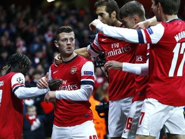 Arsenal celebrate after Jack Wilshire scores. Reuters