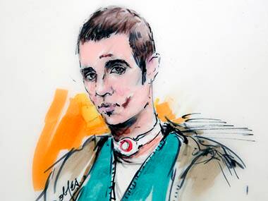 This courtroom drawing shows Paul Ciancia during an appearance at the West Valley Detention Center wearing a bandage on his neck and with bruises on his face on Wednesday, Dec. 4, 2013, in Rancho Cucamonga, Calif. Ciancia has been charged with killing a Transportation Security Administration officer and wounding three others during a rampage at Los Angeles International Airport. AP