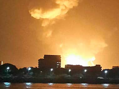 A view of the flames from the burning Indian Navy submarine INS Sindhurakshak in Mumbai late August 13, 2013. An explosion on the Indian submarine on Wednesday killed crew members, India's defence minister said, giving no further details of what he described as one of the greatest tragedies of recent times. Picture taken August 13, 2013. Reuters