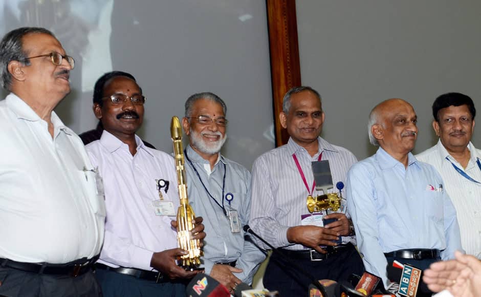 ISRO Chairman Radhakrishnan and his team at the press conference after India successfully launched rejuvenated indigenous cryogenic engine- fitted GSLV-D5 carrying communication satellite GSAT-14 from Satish Dhawan Space Centre (ISRO) at Sriharikota in Andhra Pradesh on Sunday. PTI 