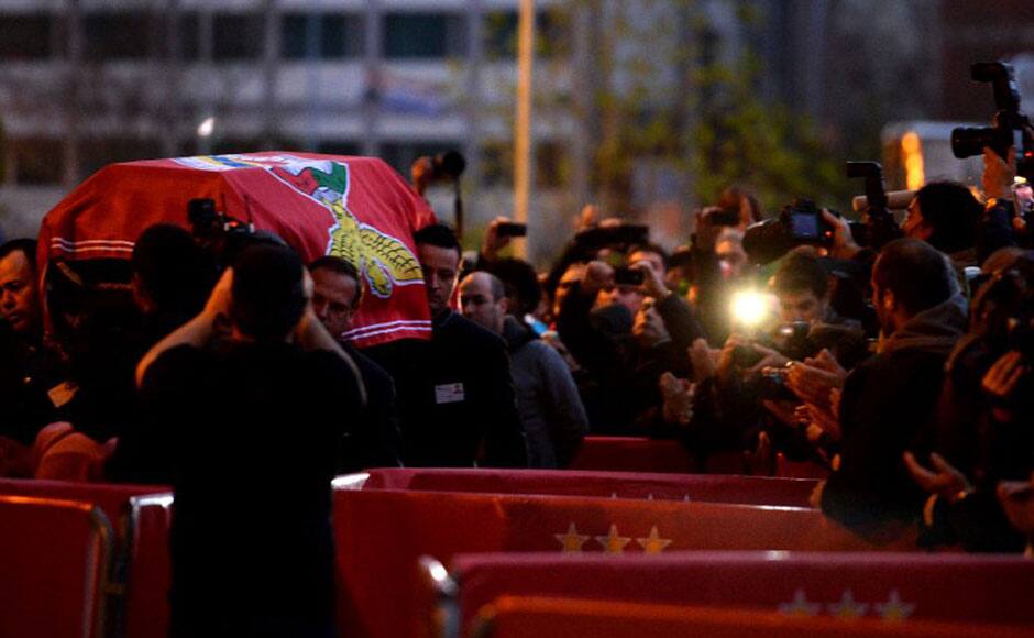 The coffin of late Portuguese football player Eusebio da Silva Ferreira, also known as the 
