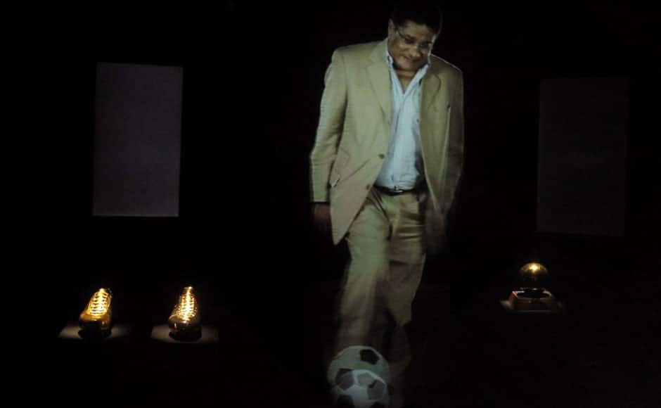 A picture taken on January 5, 2014 shows an animated hologram of late Portuguese football player Eusebio da Silva Ferreira, also known as the 