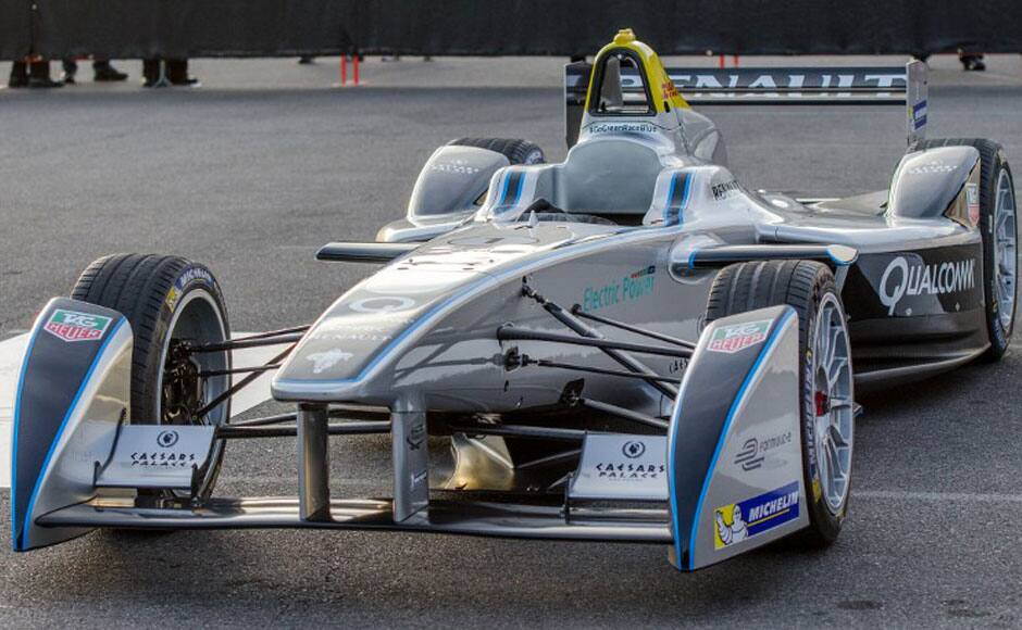 Formula Eís new fully-electric race car, the Spark-Renault SRT_01E, is displayed during the 2014 International CES on January 6, 2014 in Las Vegas, Nevada. Formula Eís new fully-electric race car, capable of speeds in excess of 150mph, will compete in the new FIA Formula E Championship - the worldís first fully-electric racing series beginning in September. AFP