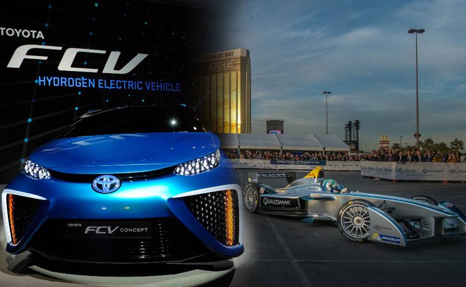 (L) Toyota's fuel cell concept vehicle (R) Formula Eís new fully-electric race car. AFP