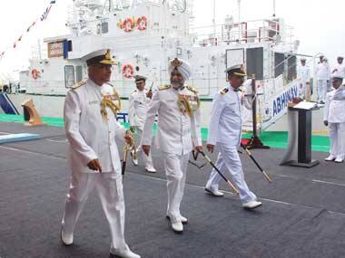 Director General, Coast Guard, Vice Admiral Anurag G Thapliyal on the occasion of commissioning of the Indian Coast Guard Ship Abhinav, at Kochi on Wednesday. Image courtesy PIB 