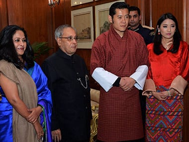 President Pranab Mukherjee with Bhutan King Jigme Khesar Namgyel Wangchuck and Queen Jetsun Pema Wangchuck during a meeting at Rashtrapati Bhavan. PTI