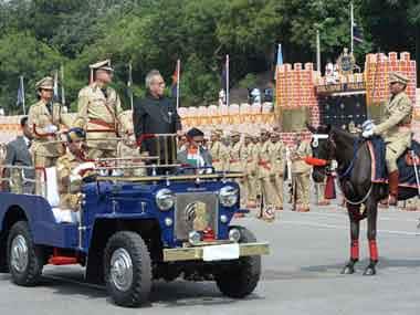 President Pranab Mukherjee taking a salute at the National Police Academy in Hyderabad. Image courtesy PIB