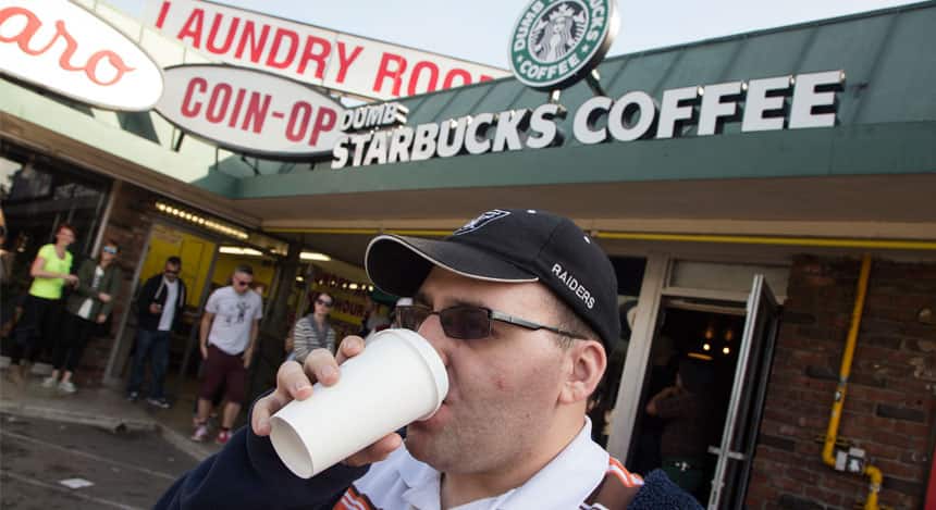 Robert Moran drinks a cup of coffee at 
