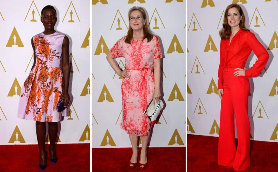 Lupita Nyong'o, Meryl Streep, Amy Adams poses on arrival for the 86th Oscar's Nominee's Luncheon at the Beverly Hilton Hotel in Beverly Hills, California, on February 10, 2014. AFP