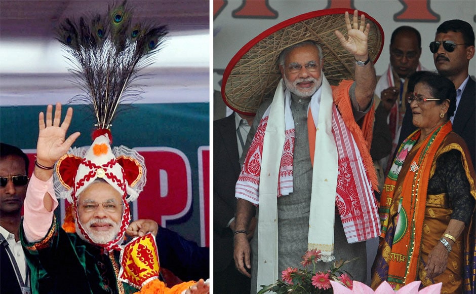 Narendra Modi waves at crowd at a public meeting in Imphal. Narendra Modi, wearing Assamese japi' waves at the crowd during the “Mahajagaran Rally” in Guwahati. PTI Narendra Modi waves at crowd at a public meeting in Imphal. Narendra Modi, wearing Assamese japi' waves at the crowd during the “Mahajagaran Rally” in Guwahati. PTI