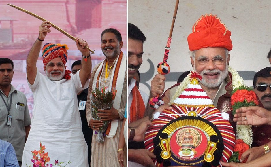 (L) Narendra Modi, raises a sword at a Bharatiya Janata Party (BJP) rally at Rewari, in Haryana. (R) Narendra Modi being felicitated by party's workers at “Bharatha Gellisi” rally in Mangalore , Karnataka. PTI (L) Narendra Modi, raises a sword at a Bharatiya Janata Party (BJP) rally at Rewari, in Haryana. (R) Narendra Modi being felicitated by party's workers at “Bharatha Gellisi” rally in Mangalore , Karnataka. PTI
