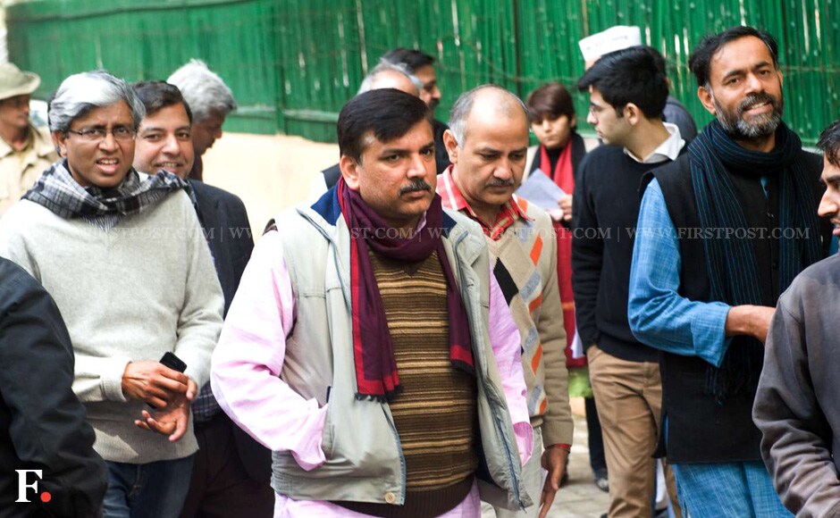 AAP leaders Ashutosh (left), Sanjay Singh (centre) Manish Sisodia (2nd from right) and Yogendra Yadav come out for a press conference after the party meeting. Naresh Sharma/Firstpost AAP leaders Ashutosh (left), Sanjay Singh (centre) Manish Sisodia (2nd from right) and Yogendra Yadav come out for a press conference after the party meeting. Naresh Sharma/Firstpost