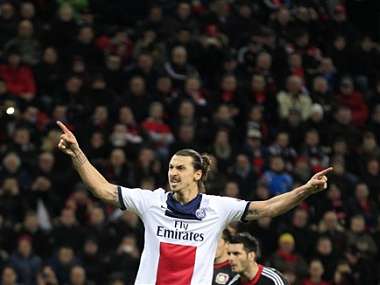 PSG's Zlatan Ibrahimovic celebrates after scoring during a Champions League round of the last 16 first leg soccer match between Bayer Leverkusen and Paris Saint-Germain. AP