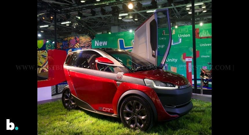 Bajaj Auto has unveiled 'U', a new concept car at the 12th Auto Expo. The four-wheeled two-seater is positioned as an urban transport solution. Photo: Naresh Sharma/Firstpost
