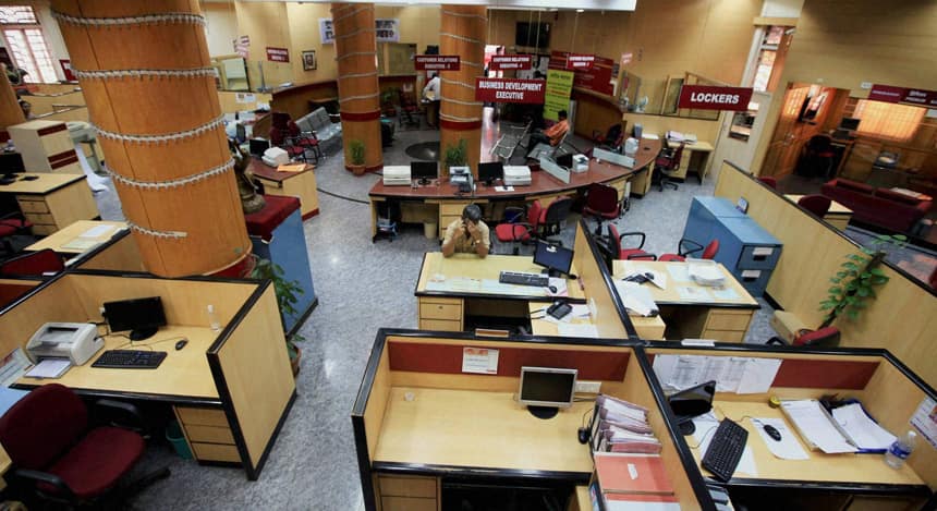 Punjab National bank branch wears a deseted look during a two day strike by the bank union to press for their various demands in Mumbai on Monday. Photo PTI